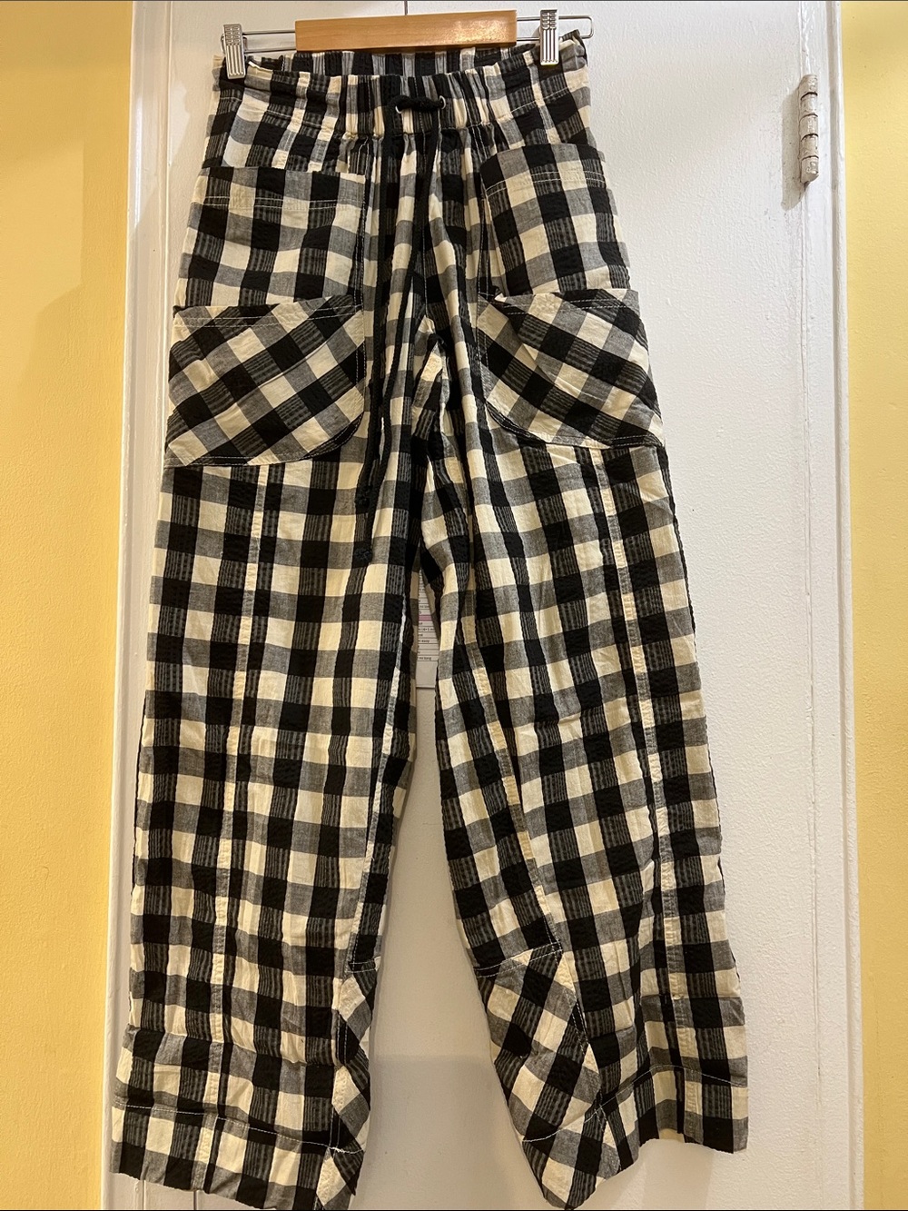 Free People Black & Cream Wide Leg Plaid Pants